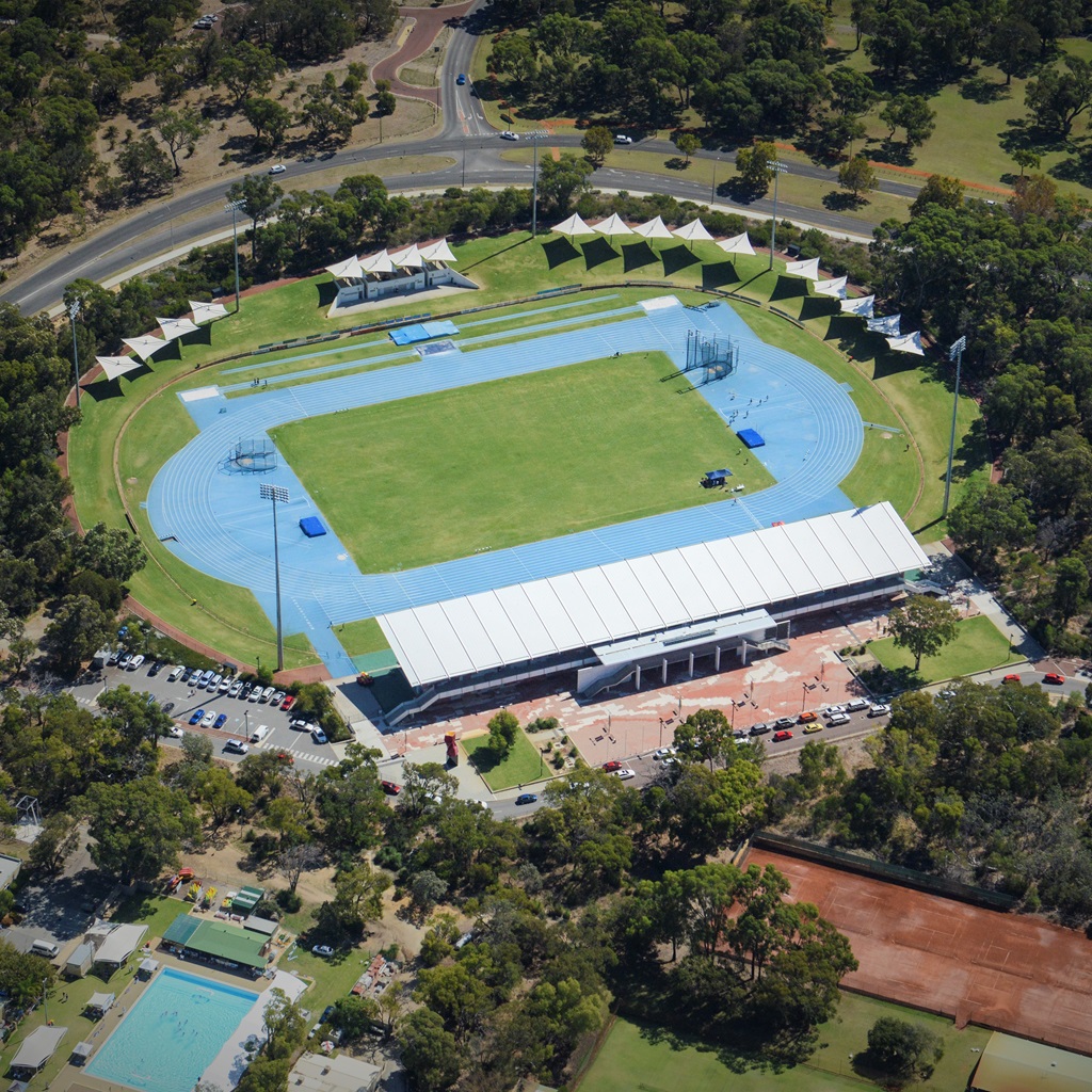 An aerial photo of the WA Athletics Stadium complex and surrounding infrastructure